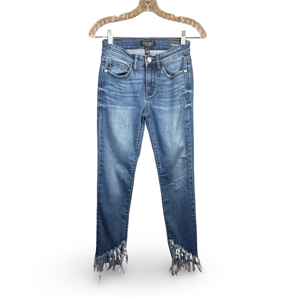 Judy‎ Blue Denim Jeans Sz 25 1 Skinny Dark Wash Mid Tulip Shark Bite Frayed Hem